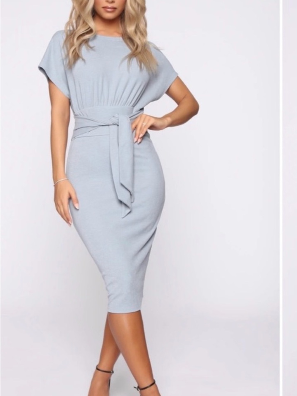 Fashion Nova Powder Blue Tie-Waist Midi Dress